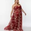May Queen Inc. Plus Size Burgundy & Gold Floral Glitter Strapless Corseted Gown