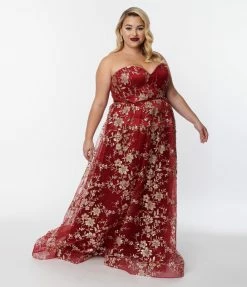 May Queen Inc. Plus Size Burgundy & Gold Floral Glitter Strapless Corseted Gown