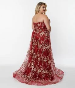 May Queen Inc. Plus Size Burgundy & Gold Floral Glitter Strapless Corseted Gown