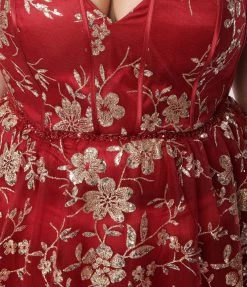 May Queen Inc. Plus Size Burgundy & Gold Floral Glitter Strapless Corseted Gown