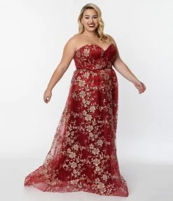 May Queen Inc. Plus Size Burgundy & Gold Floral Glitter Strapless Corseted Gown