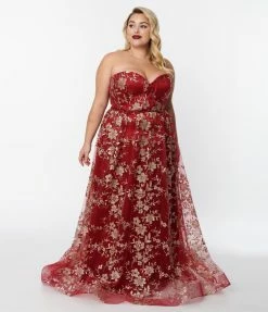 May Queen Inc. Plus Size Burgundy & Gold Floral Glitter Strapless Corseted Gown