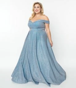 May Queen Inc. Plus Size Light Blue Shimmer Off The Shoulder Ball Gown