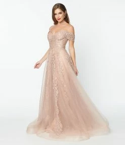 May Queen Inc. Wedding 1950s Style Rose Gold Floral Embroidered Ball Gown