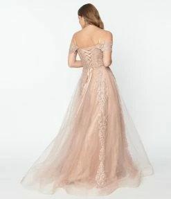 May Queen Inc. Wedding 1950s Style Rose Gold Floral Embroidered Ball Gown