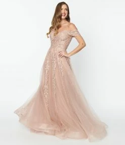 May Queen Inc. Wedding 1950s Style Rose Gold Floral Embroidered Ball Gown