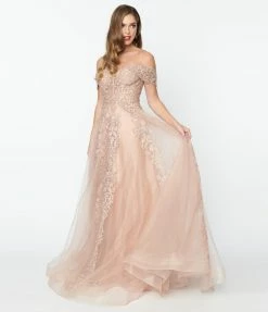 May Queen Inc. Wedding 1950s Style Rose Gold Floral Embroidered Ball Gown