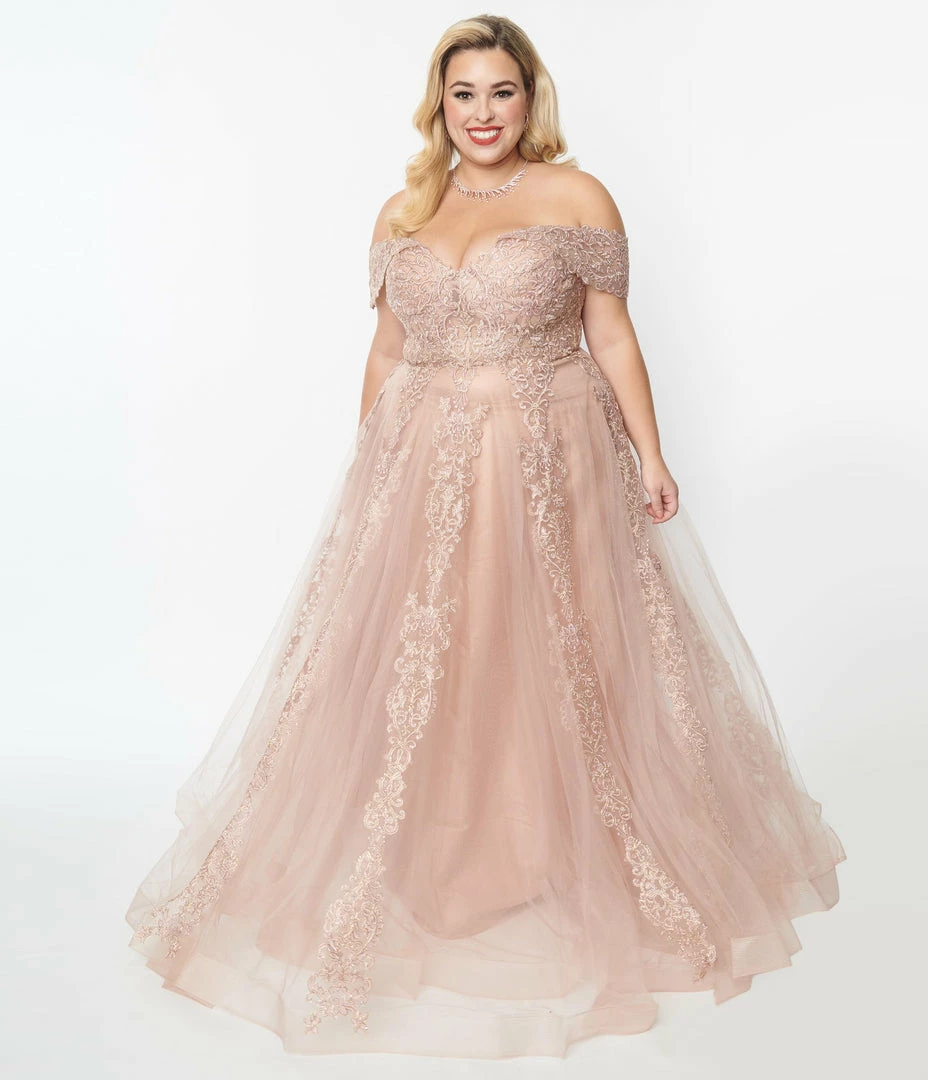 May Queen Inc. 1950s Style Plus Size Rose Gold Floral Embroidered Ball Gown Wedding