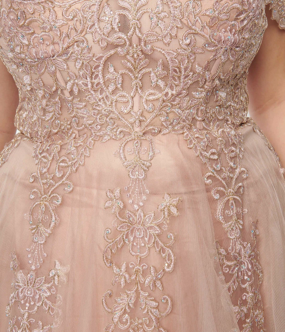 May Queen Inc. 1950s Style Plus Size Rose Gold Floral Embroidered Ball Gown Wedding