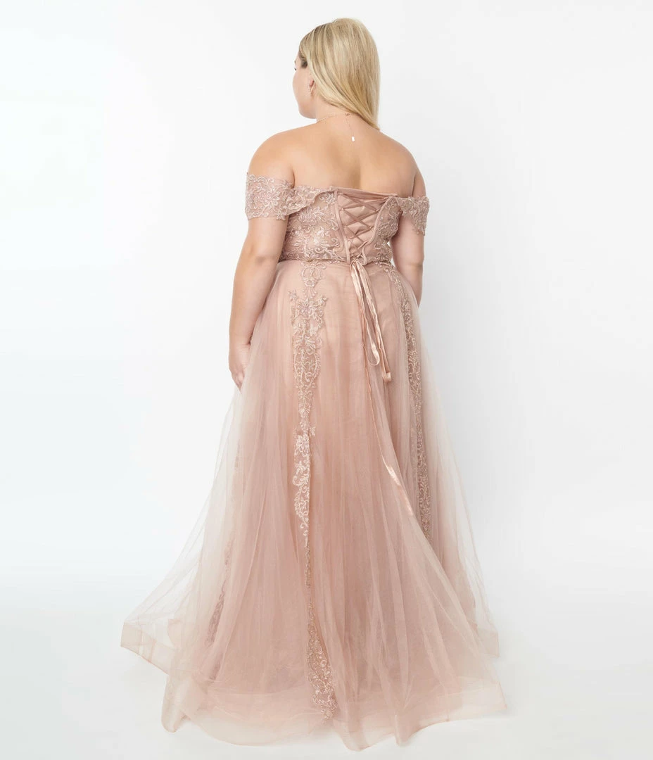 May Queen Inc. 1950s Style Plus Size Rose Gold Floral Embroidered Ball Gown Wedding