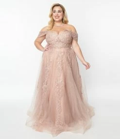 May Queen Inc. 1950s Style Plus Size Rose Gold Floral Embroidered Ball Gown Wedding