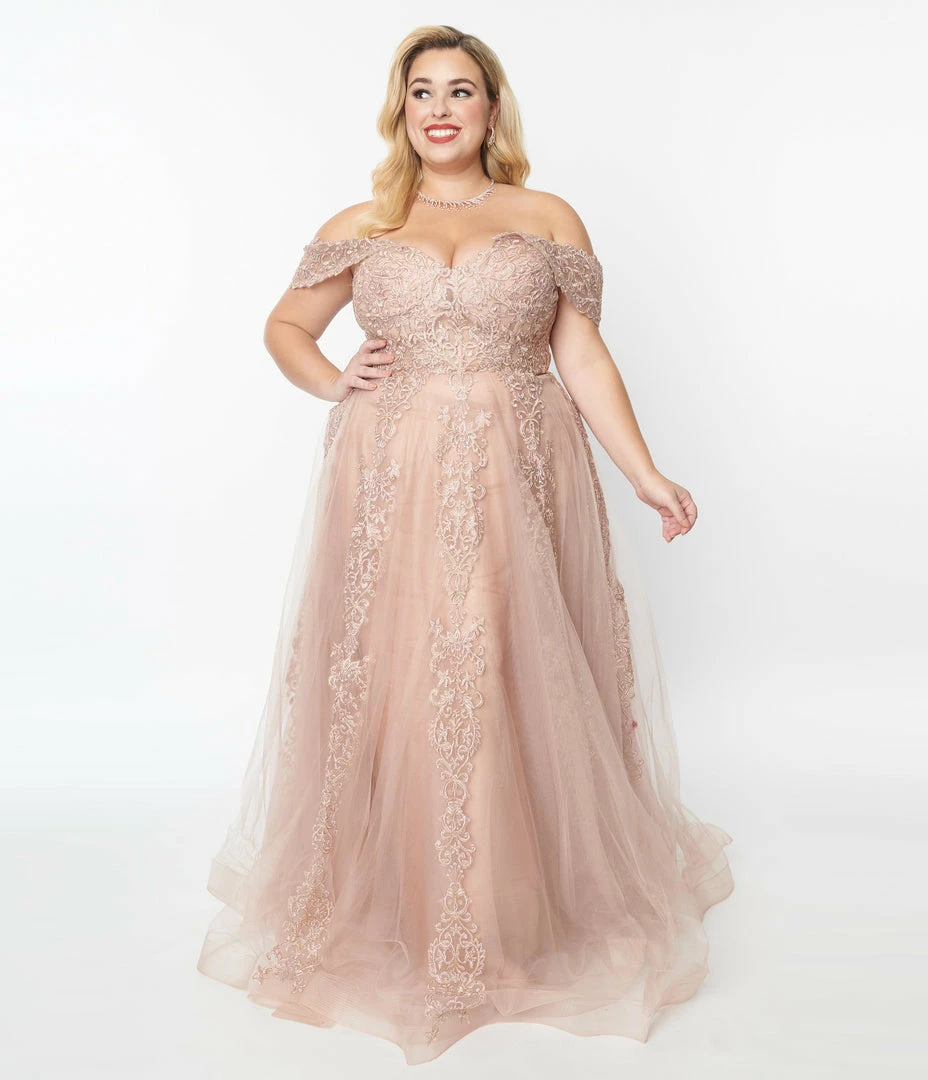May Queen Inc. 1950s Style Plus Size Rose Gold Floral Embroidered Ball Gown Wedding