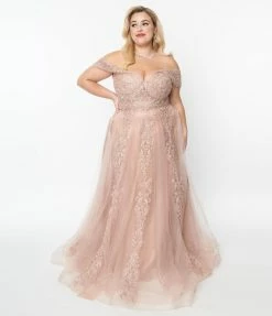 May Queen Inc. 1950s Style Plus Size Rose Gold Floral Embroidered Ball Gown Wedding