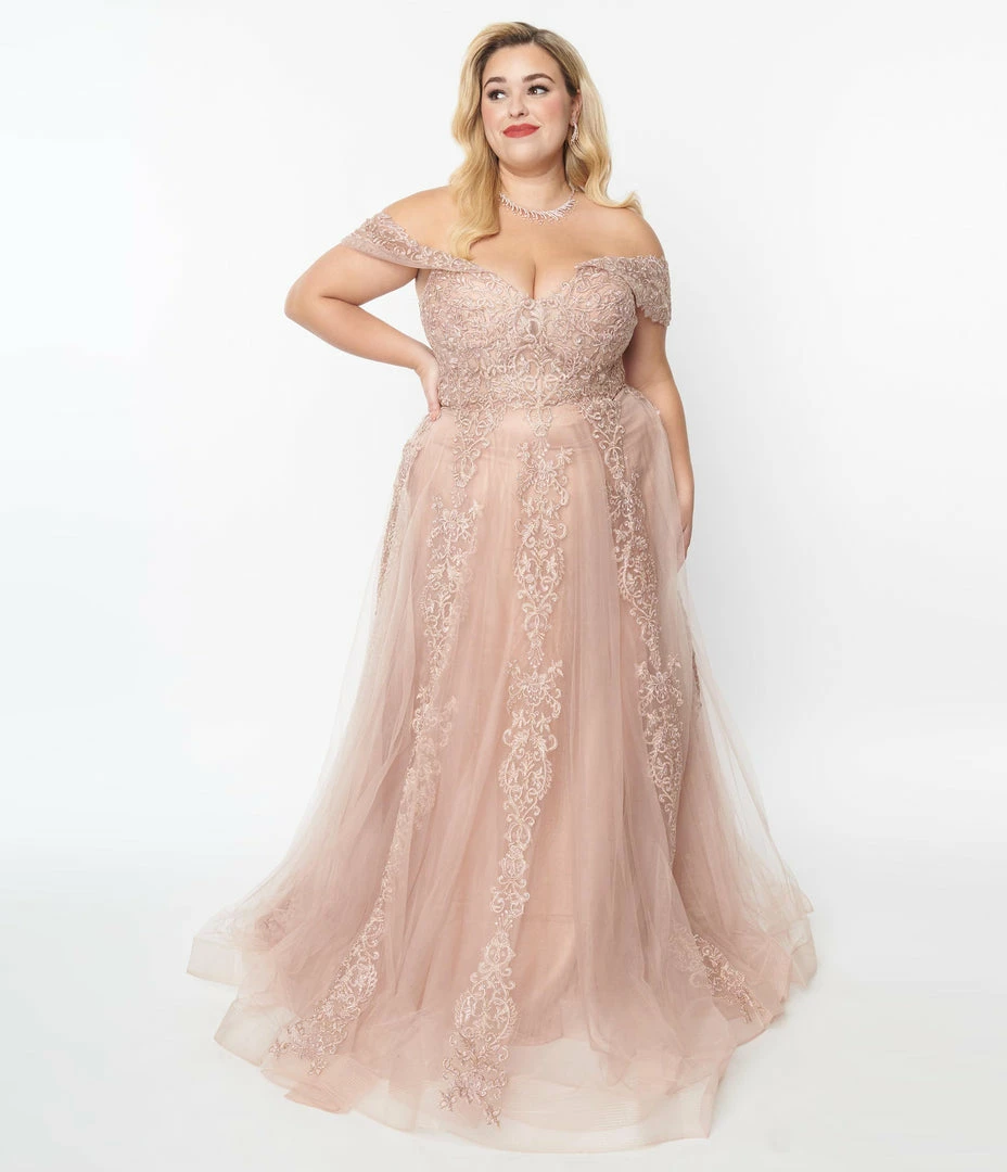 May Queen Inc. 1950s Style Plus Size Rose Gold Floral Embroidered Ball Gown Wedding