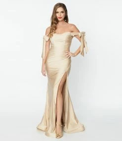 May Queen Inc. Bridesmaid Dresses Elegant Champagne Off The Shoulder Tie Dress