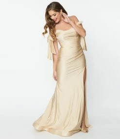 May Queen Inc. Bridesmaid Dresses Elegant Champagne Off The Shoulder Tie Dress