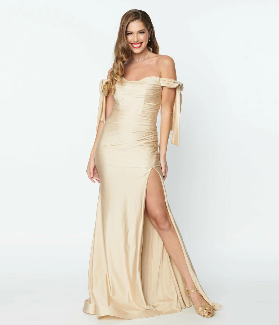 May Queen Inc. Bridesmaid Dresses Elegant Champagne Off The Shoulder Tie Dress