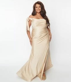 May Queen Inc. Plus Size Elegant Champagne Off The Shoulder Tie Dress