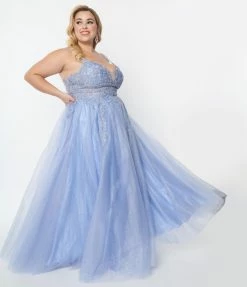 May Queen Inc. Plus Size Light Blue Floral Chiffon Ball Gown