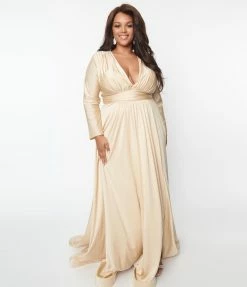 May Queen Inc. Wedding Plus Size Champagne Long Sleeve Sophisticated Goddess Gown