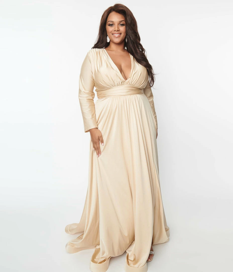 May Queen Inc. Wedding Plus Size Champagne Long Sleeve Sophisticated Goddess Gown