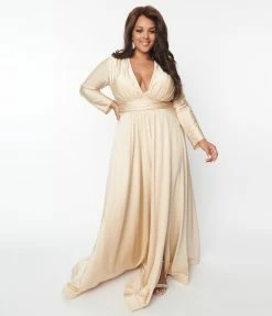 May Queen Inc. Wedding Plus Size Champagne Long Sleeve Sophisticated Goddess Gown