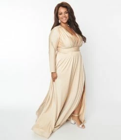 May Queen Inc. Wedding Plus Size Champagne Long Sleeve Sophisticated Goddess Gown