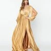 May Queen Inc. Gold Satin Long Sleeve Goddess Gown Bridesmaid Dresses