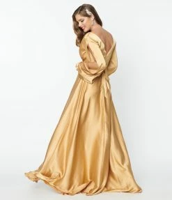 May Queen Inc. Gold Satin Long Sleeve Goddess Gown Bridesmaid Dresses