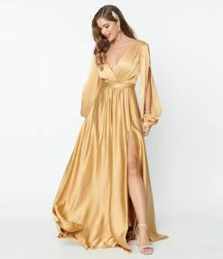 May Queen Inc. Gold Satin Long Sleeve Goddess Gown Bridesmaid Dresses