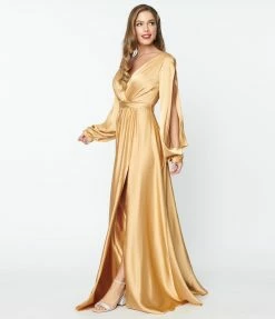 May Queen Inc. Gold Satin Long Sleeve Goddess Gown Bridesmaid Dresses