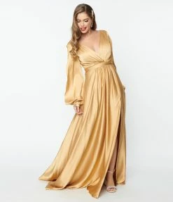 May Queen Inc. Gold Satin Long Sleeve Goddess Gown Bridesmaid Dresses