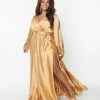 May Queen Inc. Plus Size Gold Satin Long Sleeve Goddess Gown