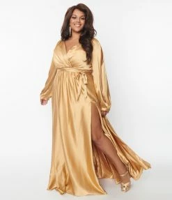 May Queen Inc. Plus Size Gold Satin Long Sleeve Goddess Gown