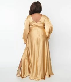 May Queen Inc. Plus Size Gold Satin Long Sleeve Goddess Gown