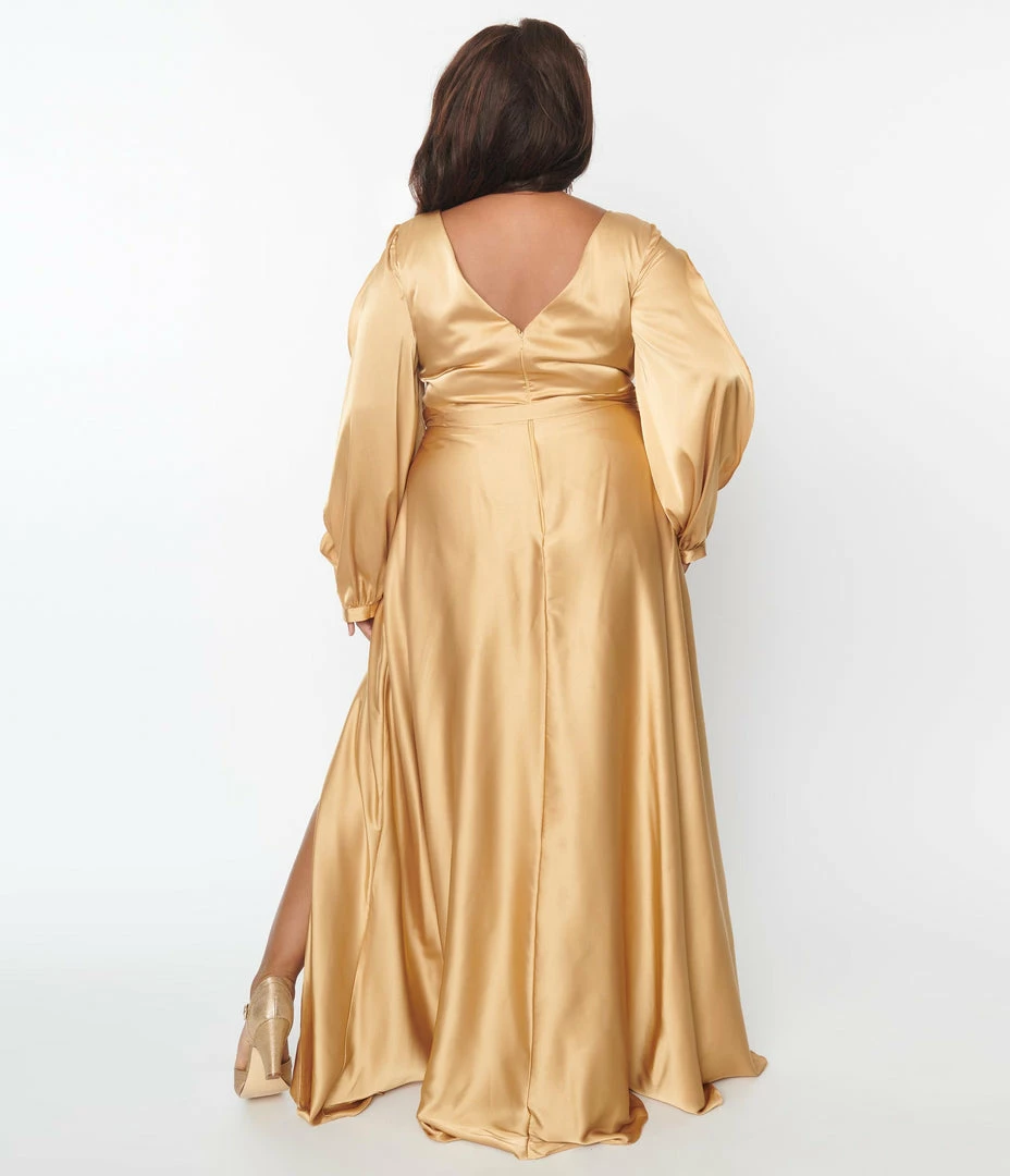 May Queen Inc. Plus Size Gold Satin Long Sleeve Goddess Gown