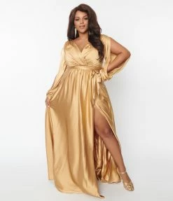 May Queen Inc. Plus Size Gold Satin Long Sleeve Goddess Gown