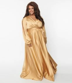 May Queen Inc. Plus Size Gold Satin Long Sleeve Goddess Gown