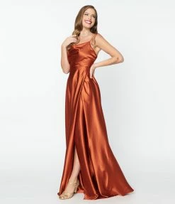 May Queen Inc. Rust Red Liquid Satin Dress