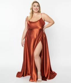 May Queen Inc. Plus Size Rust Red Liquid Satin Dress