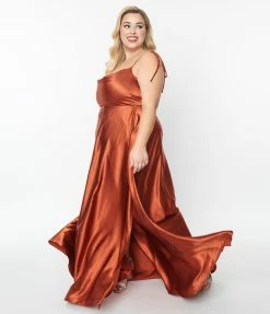 May Queen Inc. Plus Size Rust Red Liquid Satin Dress