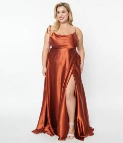 May Queen Inc. Plus Size Rust Red Liquid Satin Dress