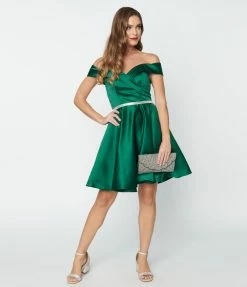 May Queen Inc. Emerald Satin Formal Flare Dress Cocktail