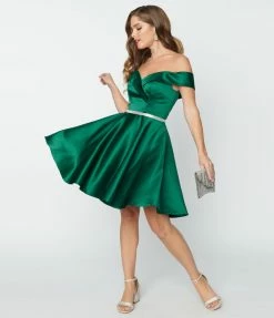 May Queen Inc. Emerald Satin Formal Flare Dress Cocktail