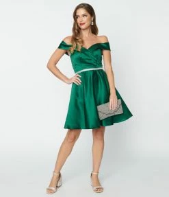 May Queen Inc. Emerald Satin Formal Flare Dress Cocktail