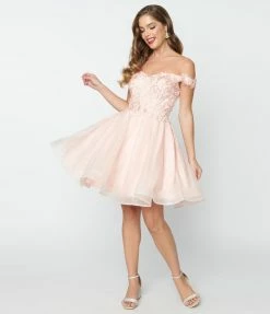 May Queen Inc. Blush Pink Floral Off The Shoulder Dress