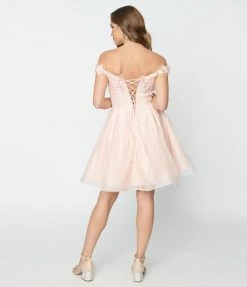 May Queen Inc. Blush Pink Floral Off The Shoulder Dress