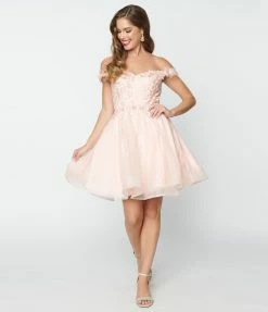 May Queen Inc. Blush Pink Floral Off The Shoulder Dress