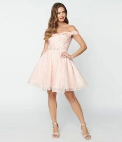 May Queen Inc. Blush Pink Floral Off The Shoulder Dress