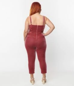 Unique Vintage Plus Size Dusty Rose Velvet Cropped Jumpsuit